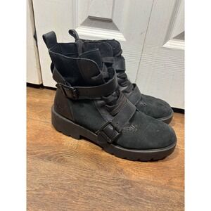 UGG Black Suede Leather Buckle Strap Combat‎ Chunky Boots Women's Size 11